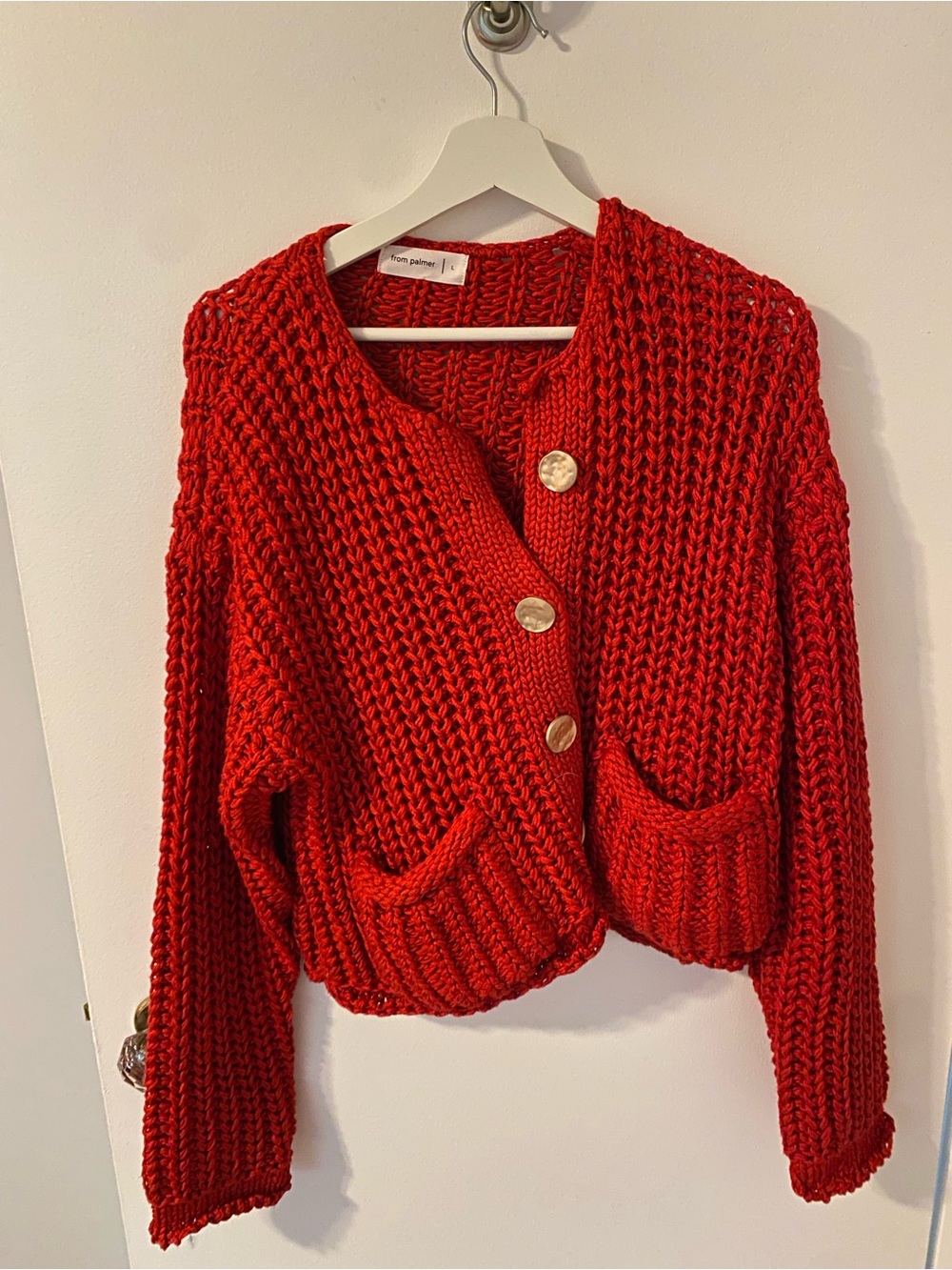 Chunky Red Knit Cardigan Sweater with Gold Buttons